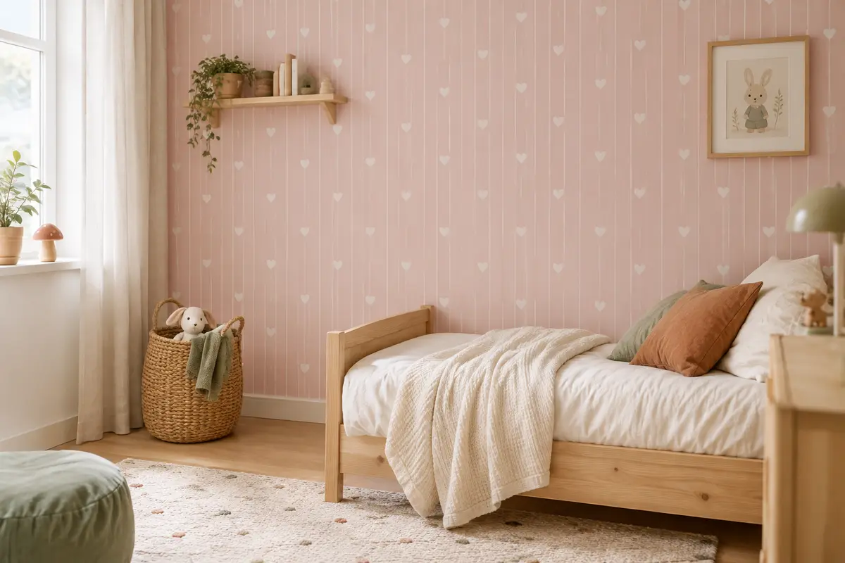 Papier peint rose à cœurs blancs et rayures dans une chambre d’enfant aux meubles en bois clair.