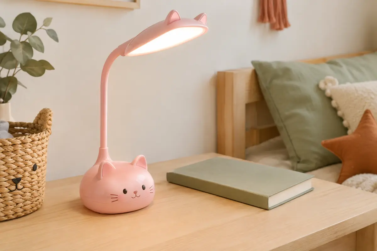 Lampe de bureau LED rose en forme de chat, posée sur un bureau en bois clair dans une chambre d’enfant.