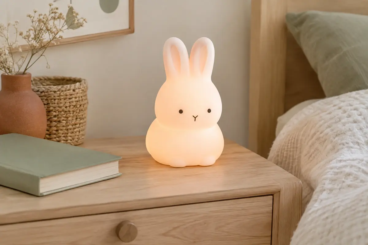 Veilleuse lapin en silicone posée sur une table de chevet en bois clair dans une chambre d’enfant