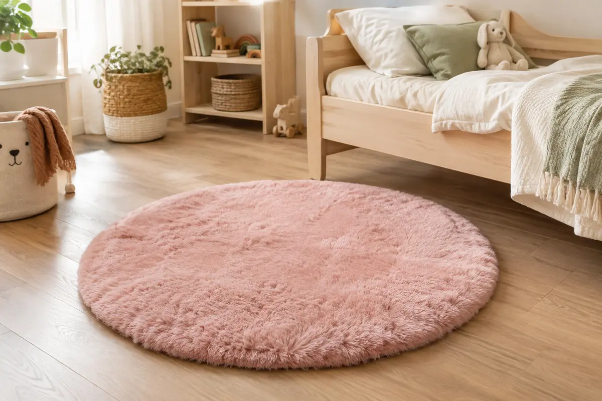 Tapis rond rose en fausse fourrure posé près d’un lit en bois clair dans une chambre d’enfant
