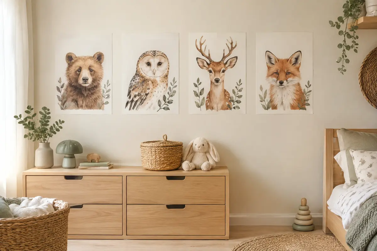Quatre affiches A4 illustrées d’animaux de la forêt, présentées sur un mur de chambre d’enfant lumineuse.