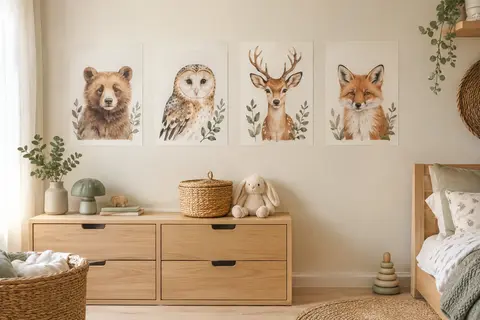 Quatre affiches A4 illustrées d’animaux de la forêt, présentées sur un mur de chambre d’enfant lumineuse.