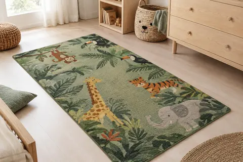 Tapis vert à motifs d’animaux de la jungle posé sur un sol clair dans une chambre d’enfant.
