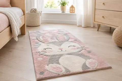 Tapis enfant rose, blanc et gris à motif animalier en relief, posé dans une chambre claire