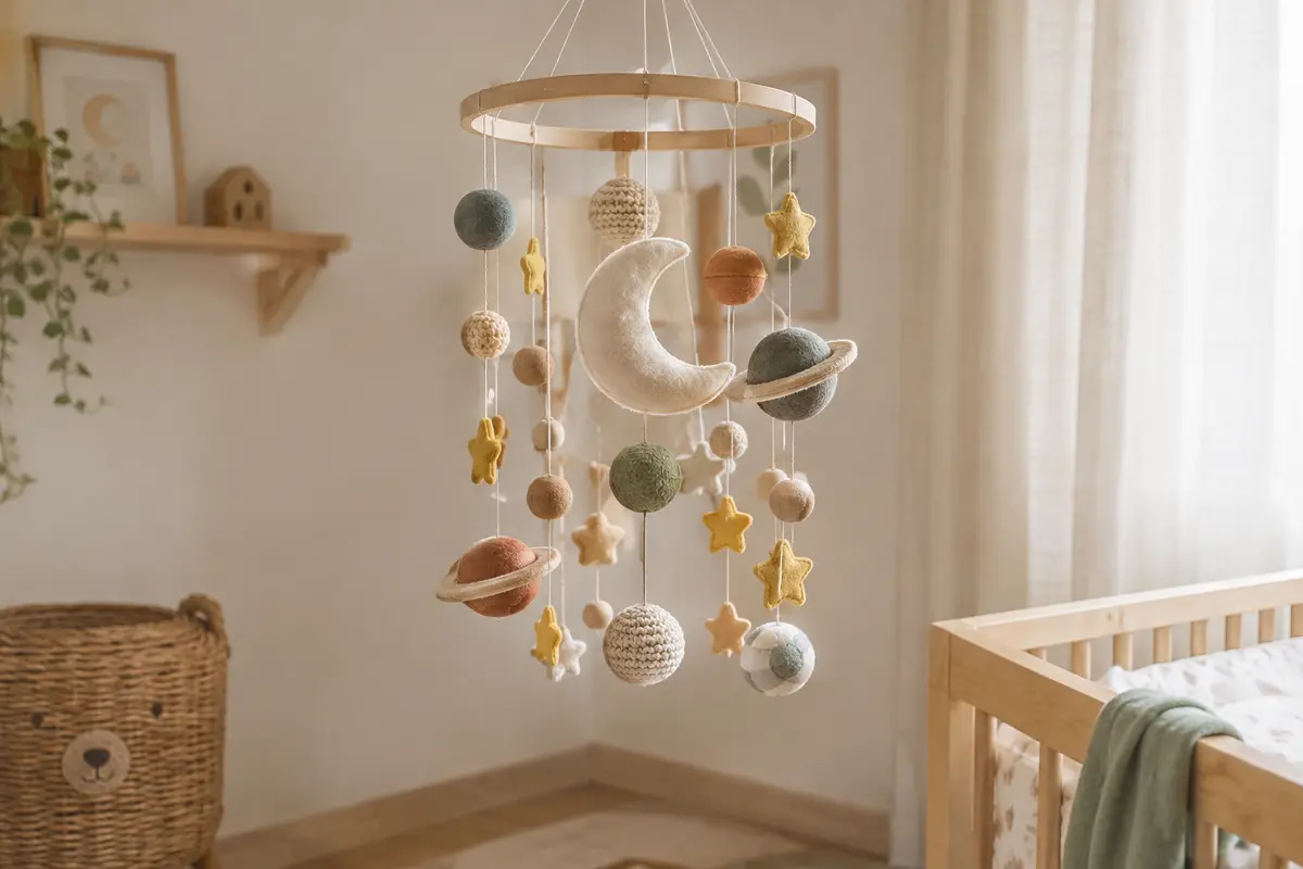 Mobile décoratif lune, planètes et étoiles en feutre, crochet et bambou dans une chambre de bébé