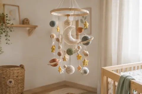 Mobile décoratif lune, planètes et étoiles en feutre, crochet et bambou dans une chambre de bébé