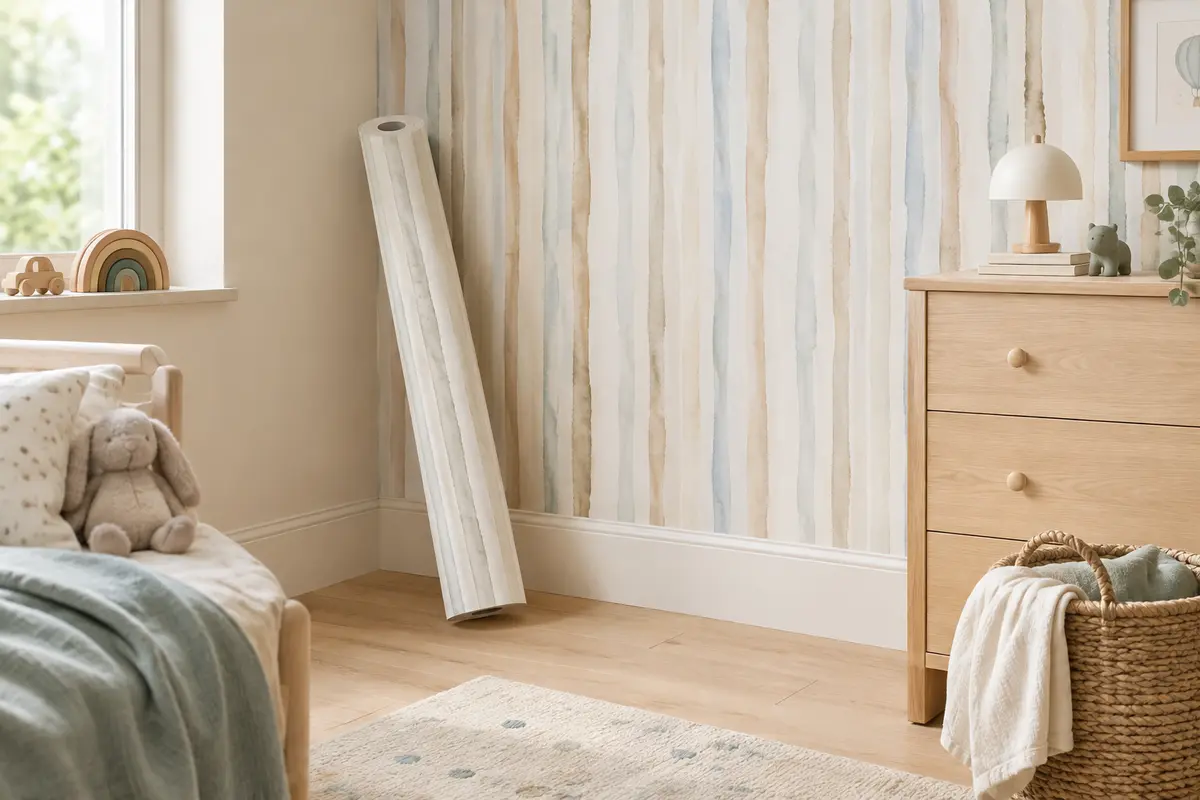 Papier peint intissé à rayures aquarellées posé dans une chambre d’enfant lumineuse