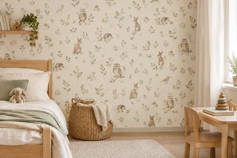 Papier peint intissé clair décoré d’animaux de la forêt dans une chambre d’enfant aux tons naturels.