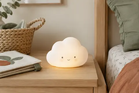 Veilleuse tactile blanche en silicone en forme de nuage, posée sur une table de chevet en bois clair