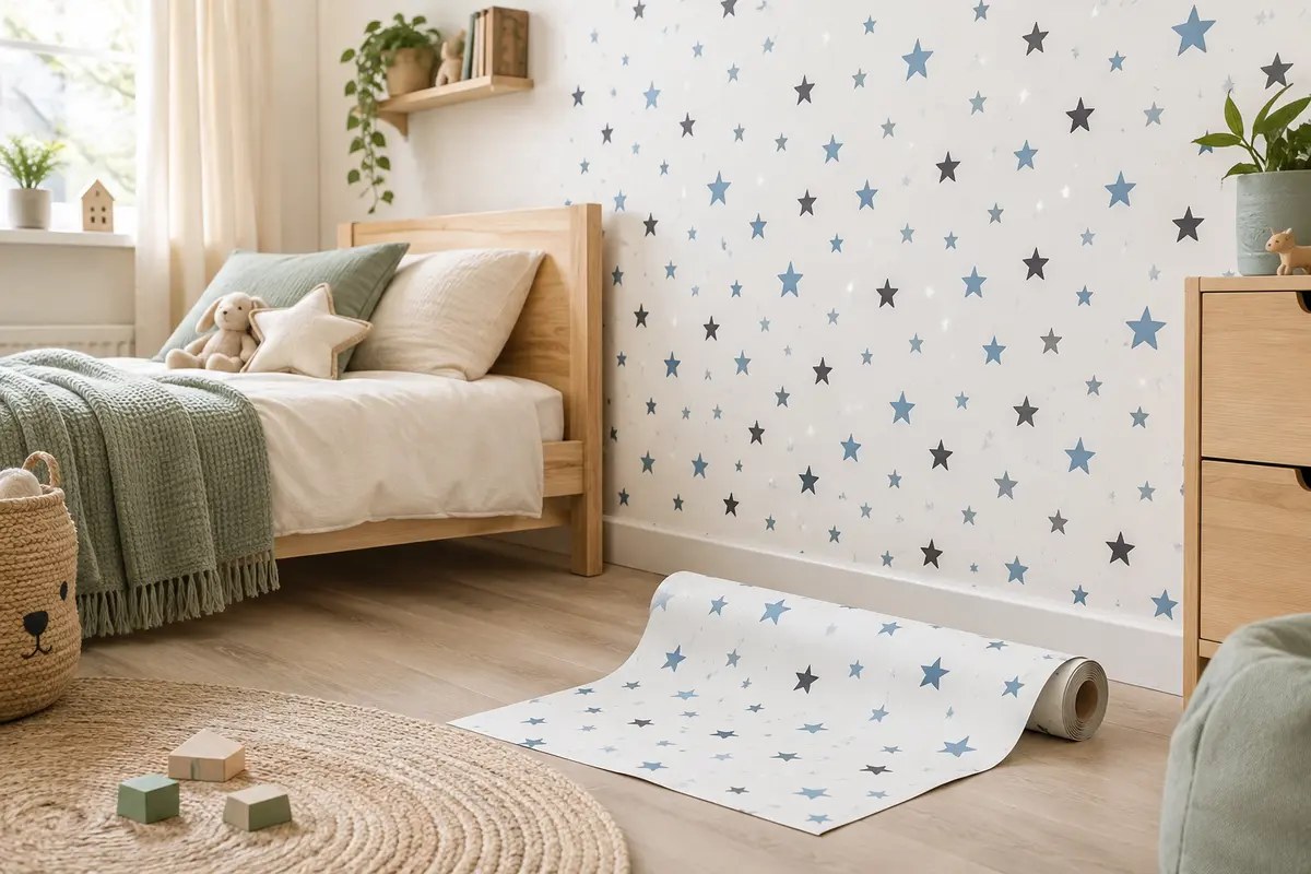Rouleau de papier peint adhésif bleu et noir à étoiles présenté près d’un panneau mural dans une chambre d’enfant.