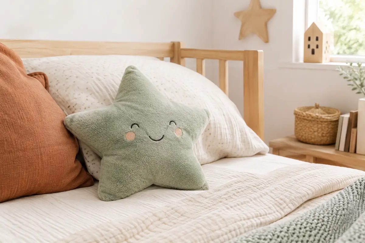 Coussin étoile en peluche vert givré avec visage souriant brodé, posé sur un lit d’enfant
