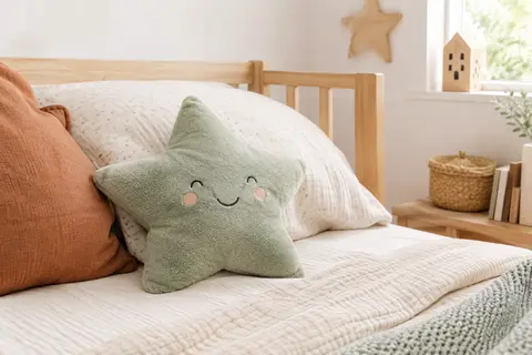 Coussin étoile en peluche vert givré avec visage souriant brodé, posé sur un lit d’enfant