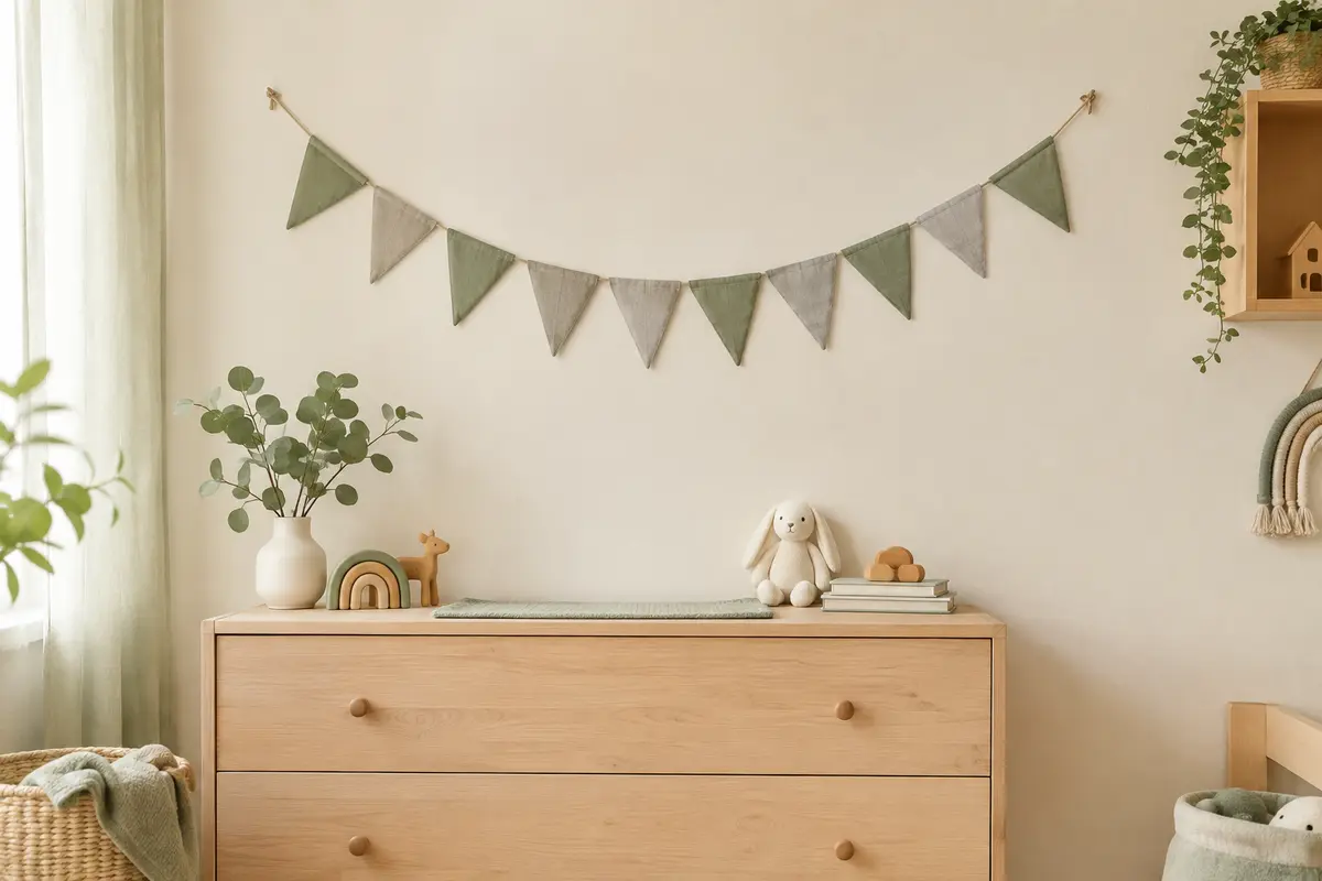 Guirlande de dix fanions triangulaires en coton gris et vert suspendue sur un mur clair de chambre d’enfant.