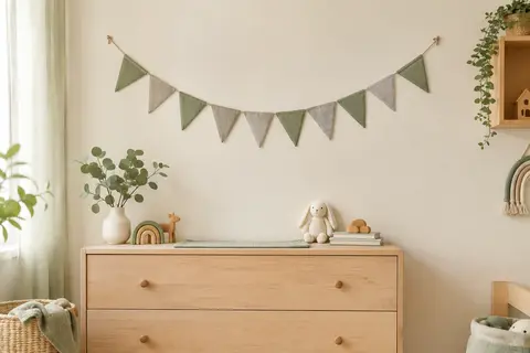 Guirlande de dix fanions triangulaires en coton gris et vert suspendue sur un mur clair de chambre d’enfant.