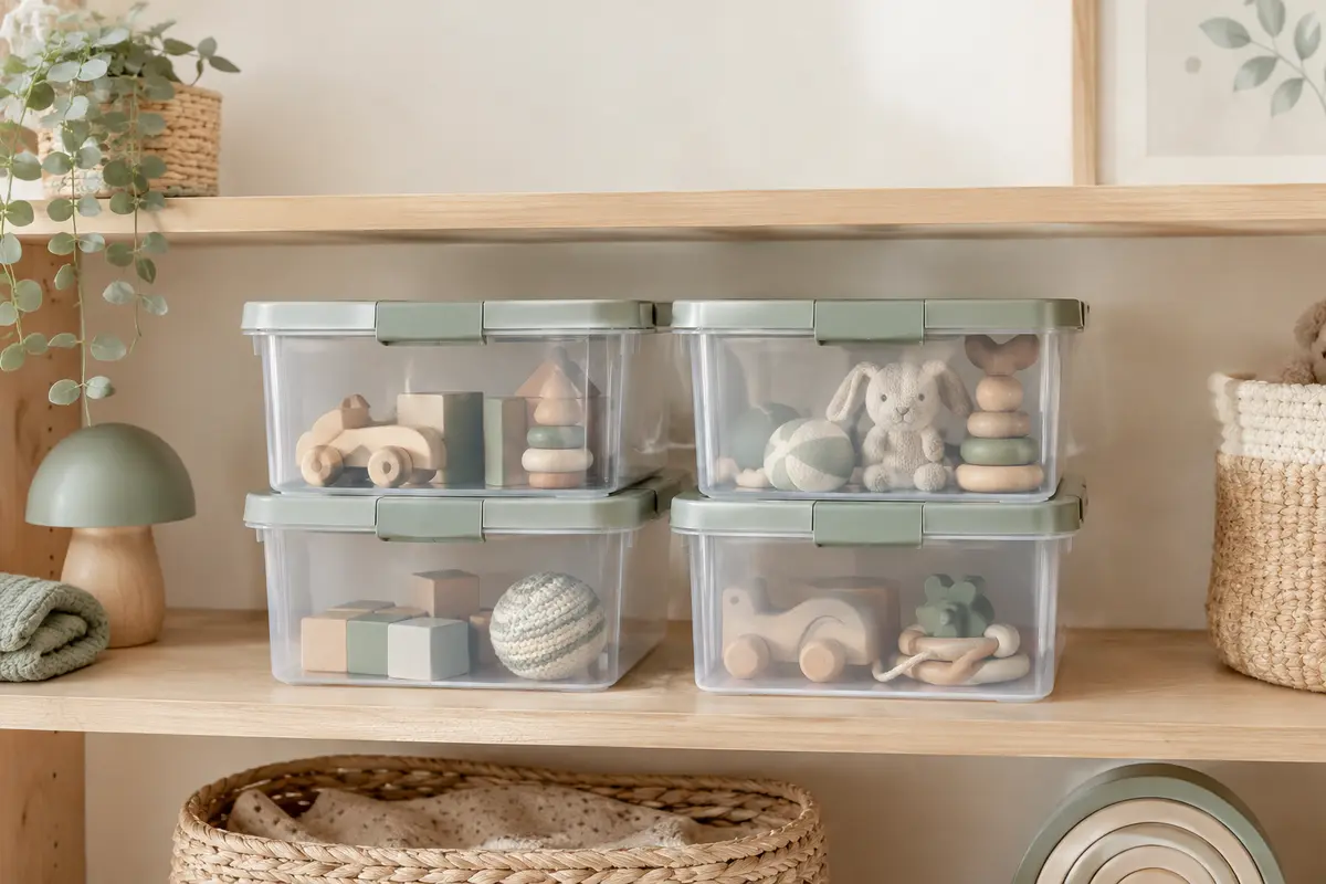 Quatre boîtes transparentes avec couvercle, contenant de petits jouets sur une étagère en bois clair