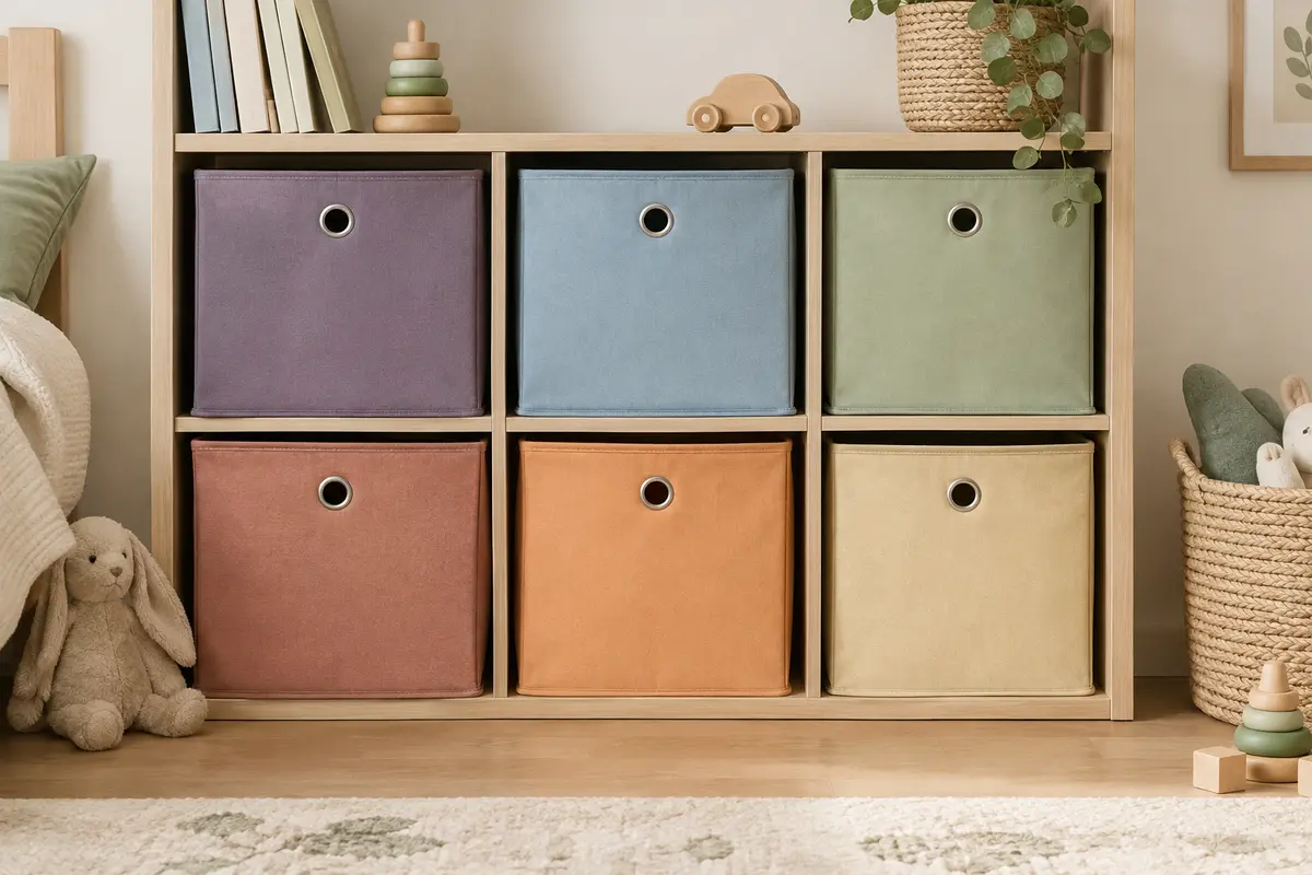 Six boîtes cubiques en tissu coloré avec poignées métalliques, rangées sur une étagère en bois clair.