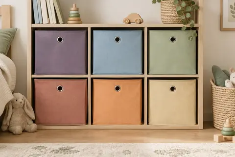 Six boîtes cubiques en tissu coloré avec poignées métalliques, rangées sur une étagère en bois clair.