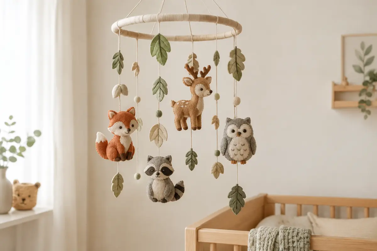 Mobile en feutre avec renard, cerf, raton laveur, hibou et feuillage dans une chambre de bébé