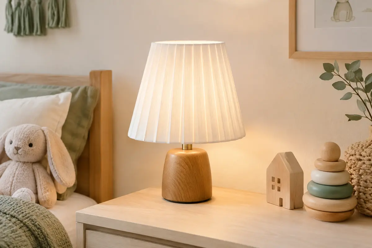 Lampe de chevet à abat-jour blanc plissé et base imitation bois, posée sur une table claire.