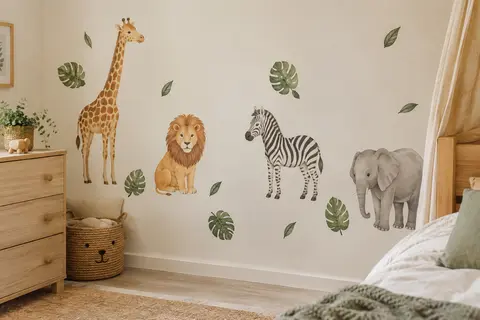 Stickers muraux de jungle avec girafe, lion, zèbre, éléphant et feuilles vertes sur un mur de chambre d’enfant
