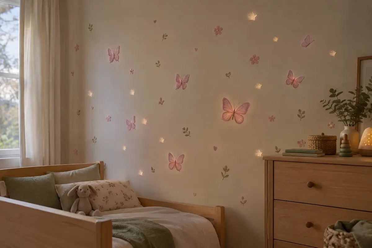 Stickers muraux roses de papillons et d’étoiles disposés sur le mur d’une chambre d’enfant