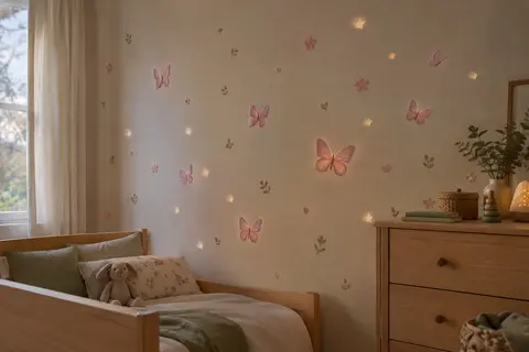 Stickers muraux roses de papillons et d’étoiles disposés sur le mur d’une chambre d’enfant