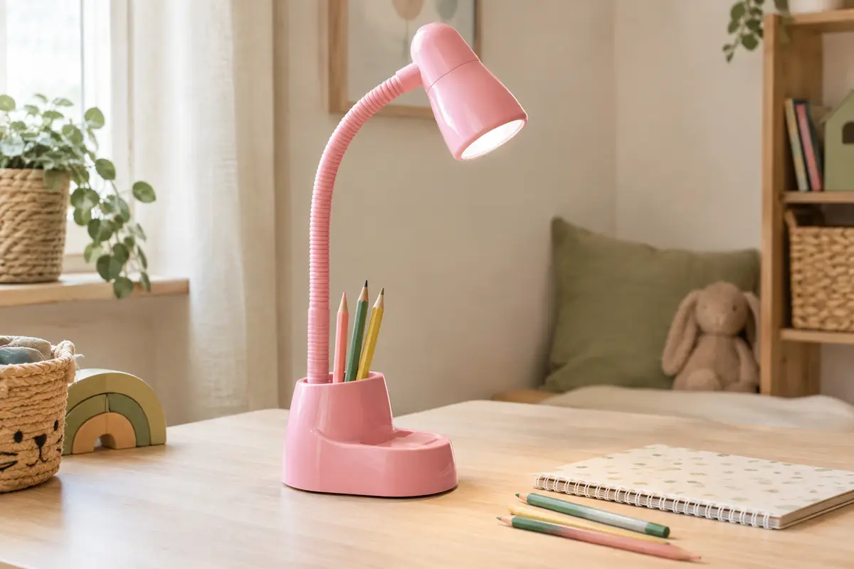 Lampe de bureau rose avec bras flexible, porte-stylo intégré et projecteur d’étoiles