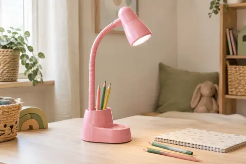 Lampe de bureau rose avec bras flexible, porte-stylo intégré et projecteur d’étoiles
