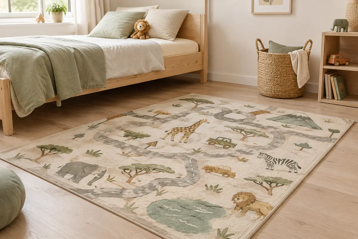 Tapis de jeu beige à poils courts, décoré de routes, de voitures et d’animaux dans une chambre d’enfant.