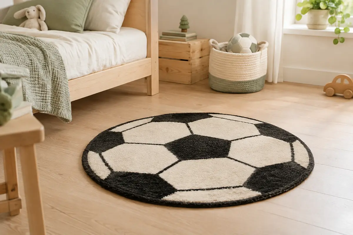 Tapis rond noir et crème à motif ballon posé sur le sol en bois clair d’une chambre d’enfant