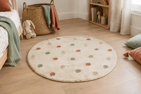 Tapis rond crème à motif de pois posé sur un parquet clair dans une chambre d’enfant lumineuse.