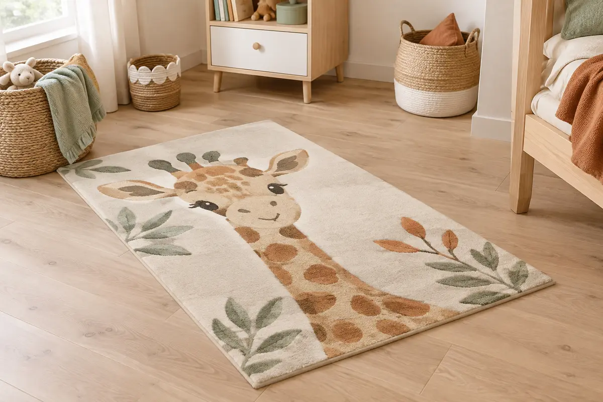 Tapis rectangulaire crème à motif girafe posé sur un sol en bois clair dans une chambre d’enfant lumineuse.