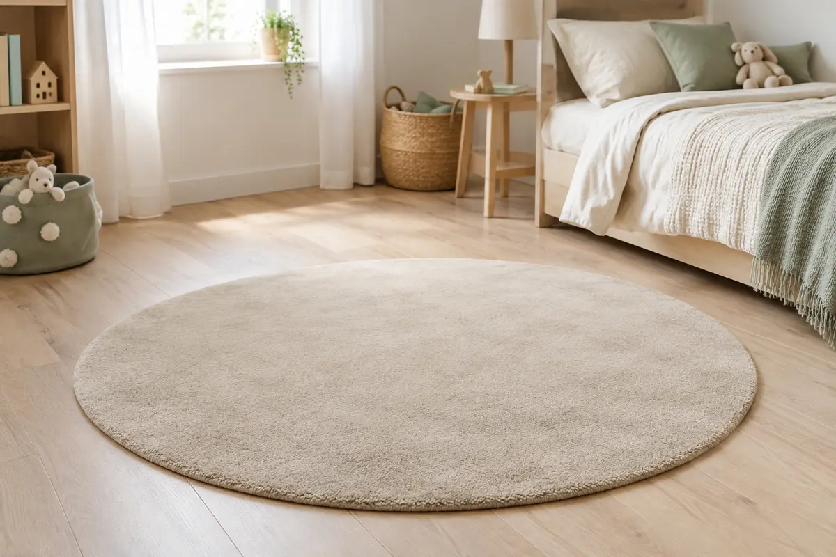 Tapis rond beige à poils courts posé sur un sol clair dans une chambre d’enfant lumineuse