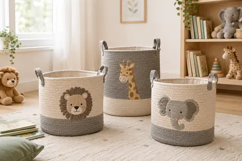 Trois paniers tissés gris et beige à motifs de lion, girafe et éléphant dans une chambre d’enfant