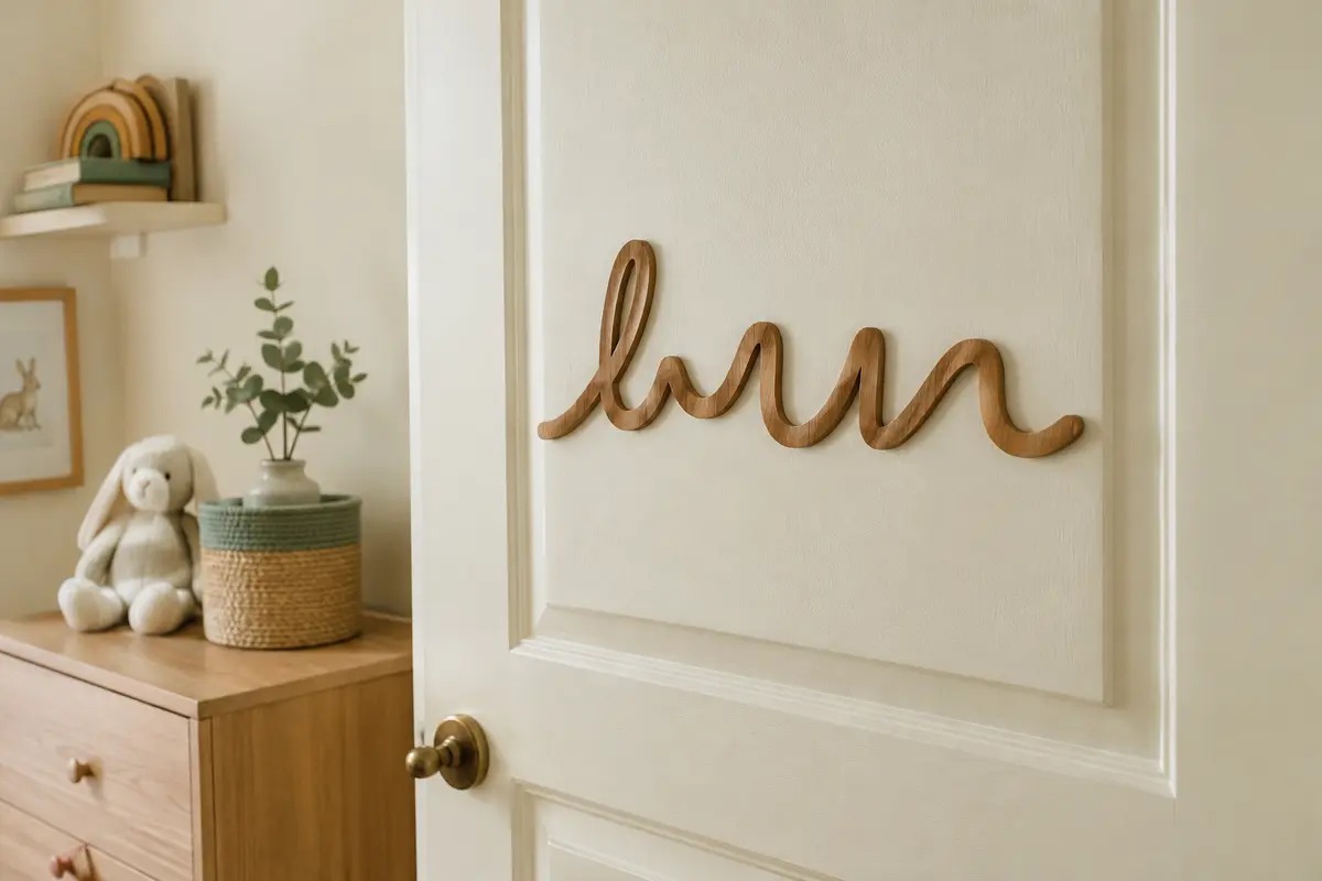 Lettrage personnalisé en bois brun fixé sur une porte crème dans une chambre d’enfant lumineuse.