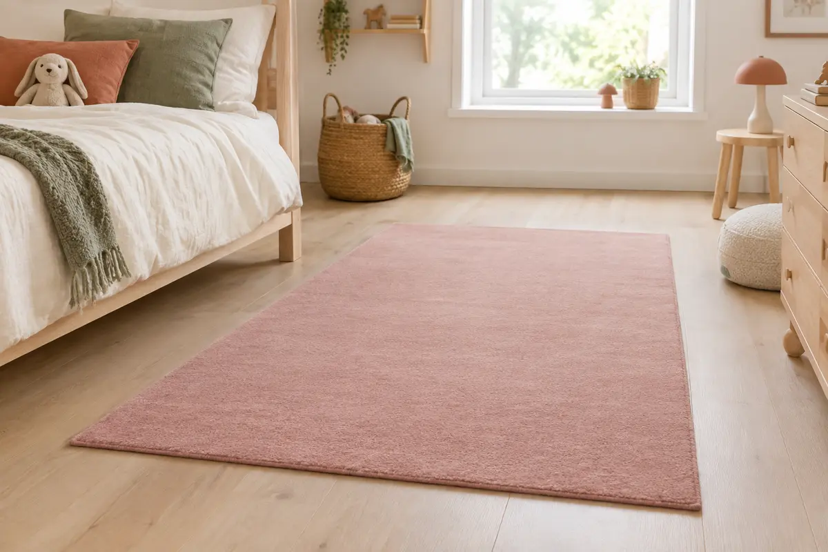 Tapis rectangulaire rose à poils ras posé sur un parquet clair dans une chambre d’enfant lumineuse