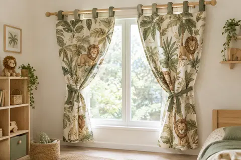 Deux rideaux en coton à passants, motif lion et feuilles, habillent une fenêtre de chambre d’enfant.