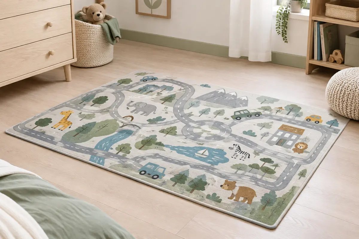 Tapis de jeu pour enfant à motif de voitures et d’animaux, posé sur le sol d’une chambre claire.