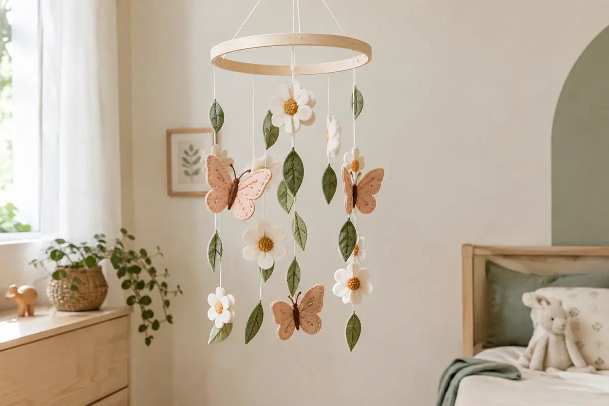 Mobile décoratif en bois et feutre, avec fleurs blanches, papillons et feuilles vertes suspendus