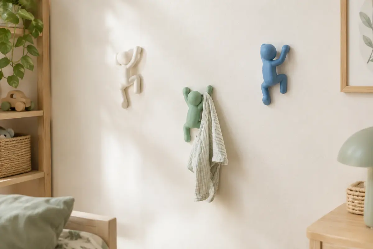 Trois patères murales en forme de personnages blanc, menthe et bleu sur un mur crème de chambre d’enfant