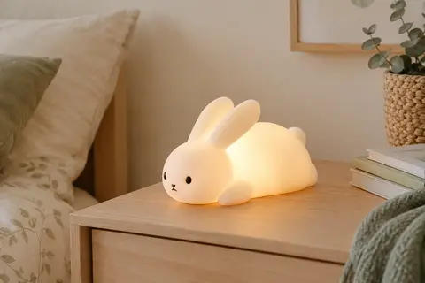 Veilleuse tactile en silicone en forme de lapin, allumée sur une table de chevet en bois clair