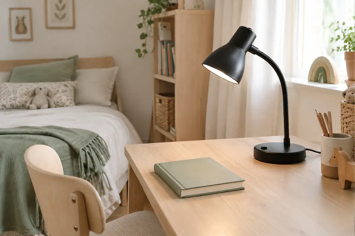 Lampe de bureau en métal noir à bras flexible posée sur un bureau en bois clair