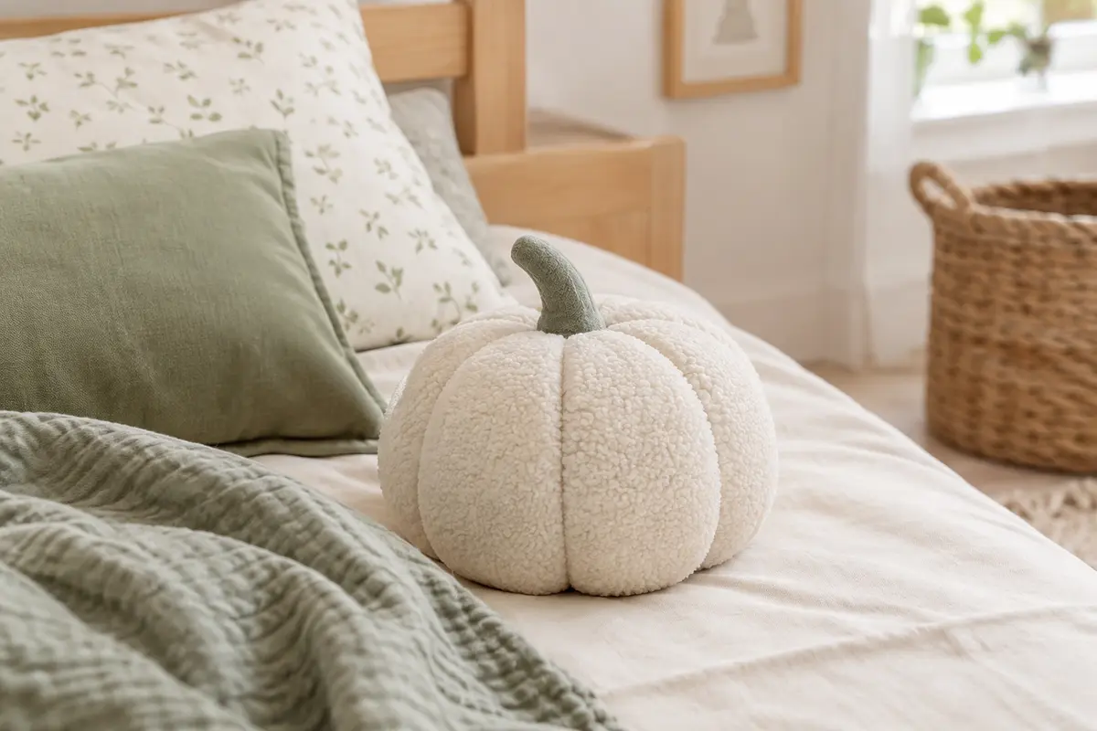 Coussin citrouille blanc cassé en peluche, posé sur un lit d’enfant aux tons crème et sauge.