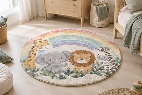 Tapis rond moelleux à motif imprimé arc-en-ciel posé dans une chambre d’enfant lumineuse.