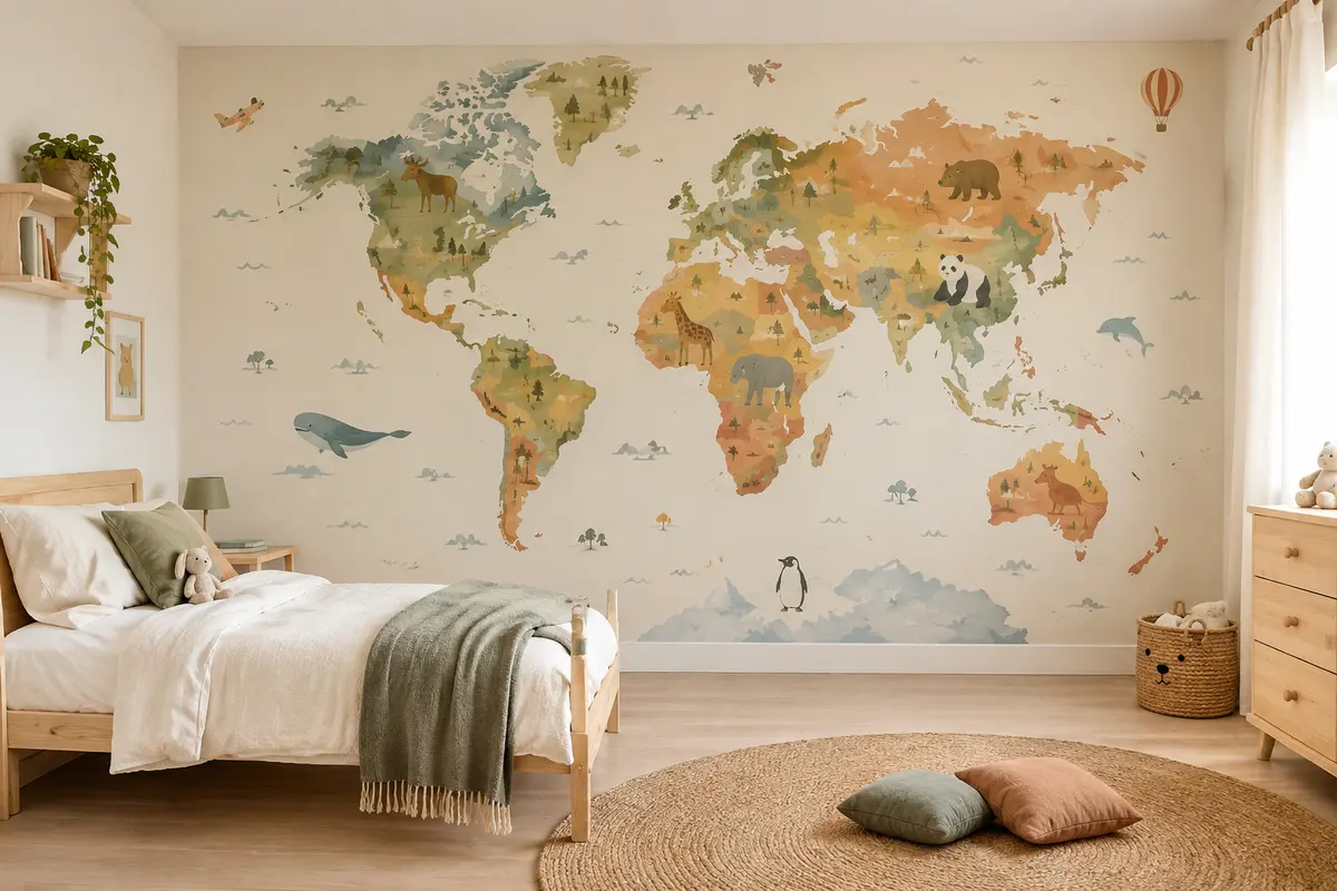 Papier peint panoramique avec carte du monde sur le mur d’une chambre d’enfant lumineuse