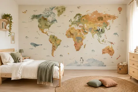Papier peint panoramique avec carte du monde sur le mur d’une chambre d’enfant lumineuse