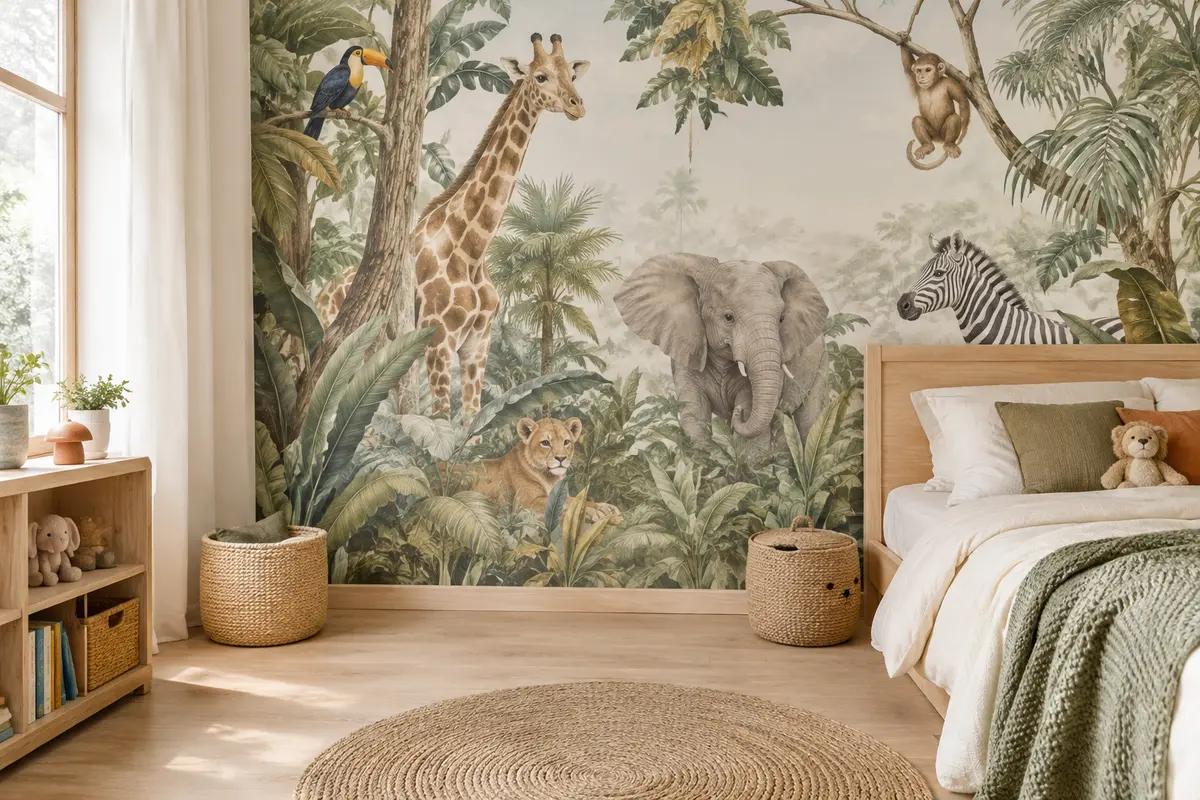 Papier peint photo intissé au motif d’animaux de la jungle posé sur un mur de chambre d’enfant.