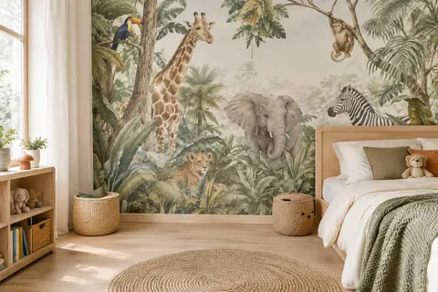 Papier peint photo intissé au motif d’animaux de la jungle posé sur un mur de chambre d’enfant.