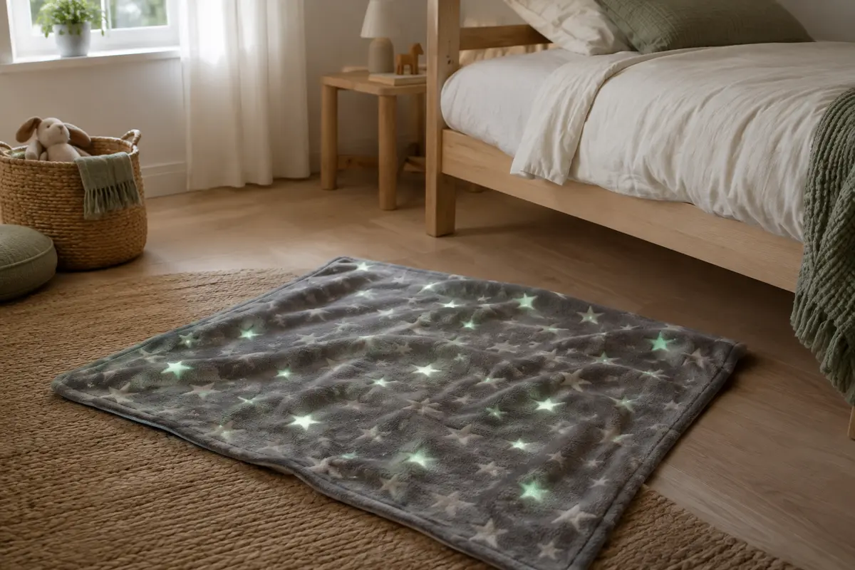 Plaid gris à étoiles phosphorescentes posé sur un lit d’enfant aux tons doux.