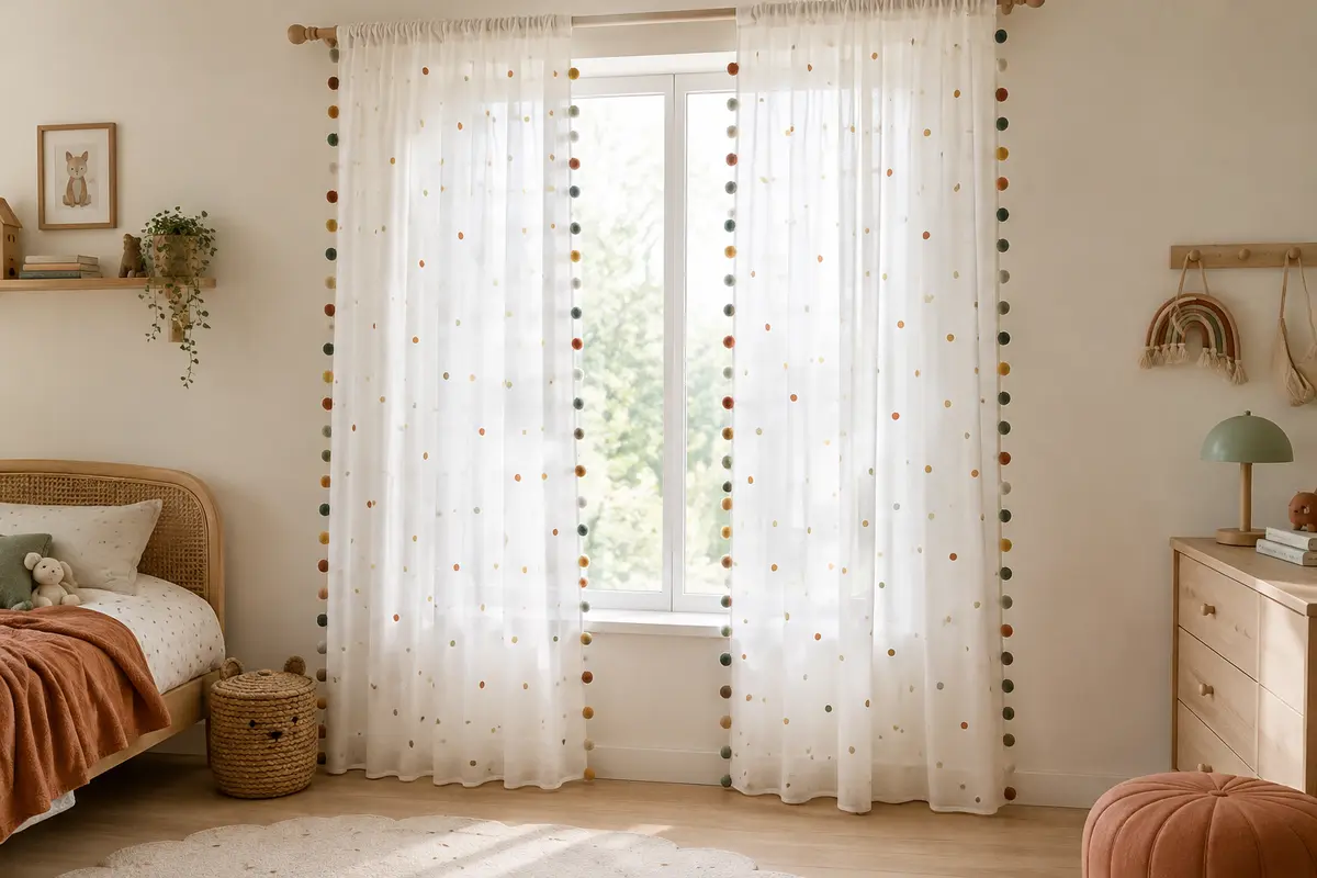 Deux voilages blancs à pompons colorés habillent une fenêtre lumineuse dans une chambre d’enfant.